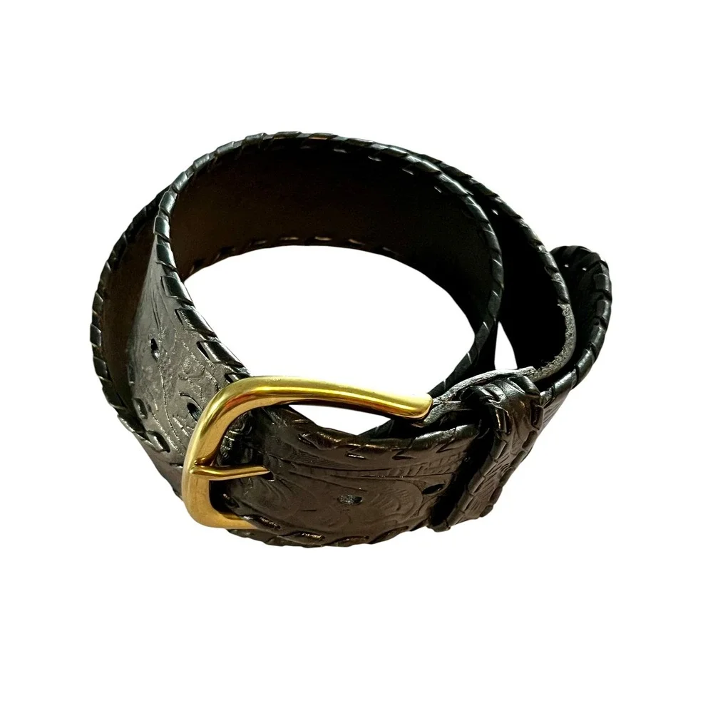 LAUREN Ralph Lauren Tooled Leather Belt M Wide Black Western Boho Cowgirl Rodeo